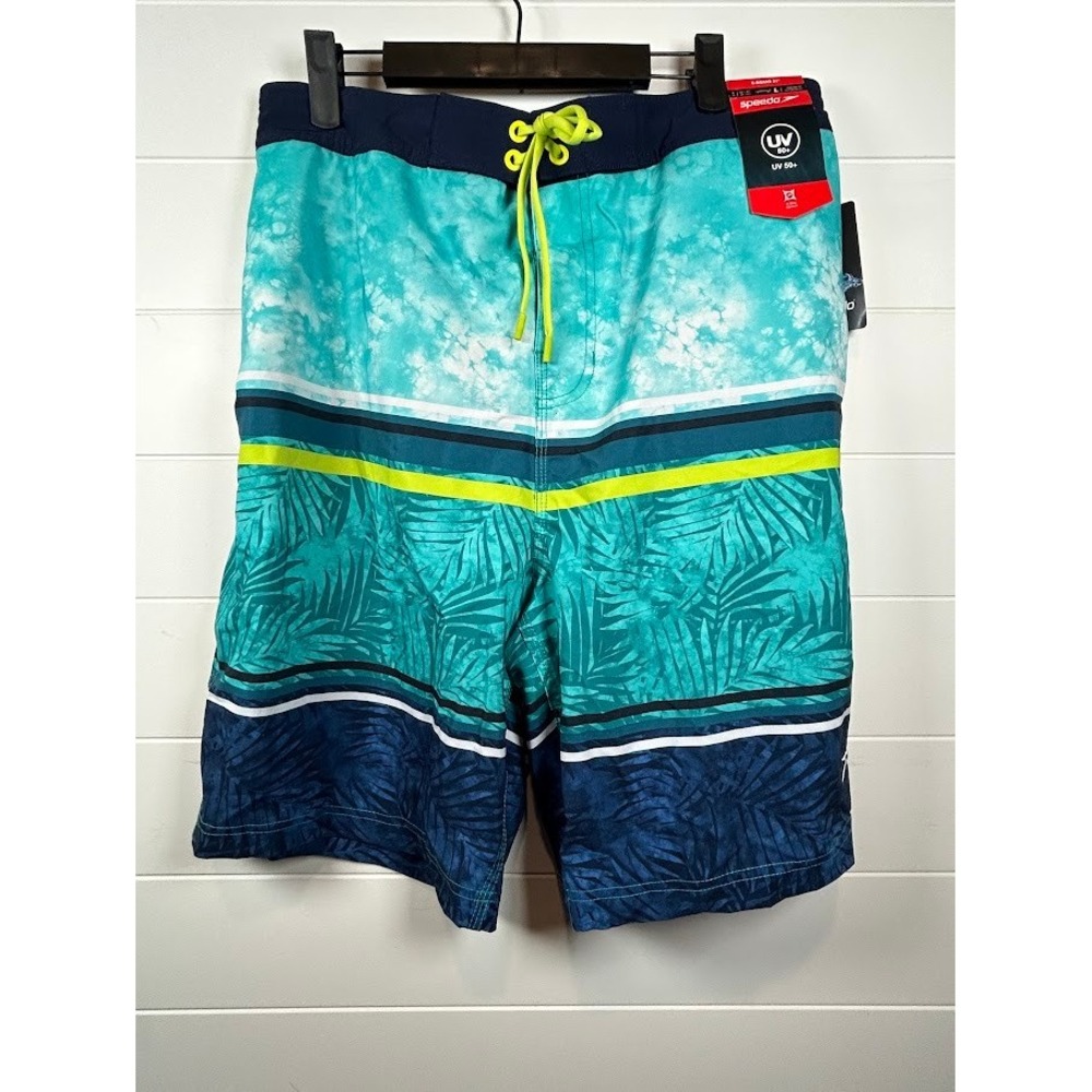 Speedo Mens E-Board 21 Swim Shorts Teal Navy Palm 4 Way Stretch UV 50+ Large NWT